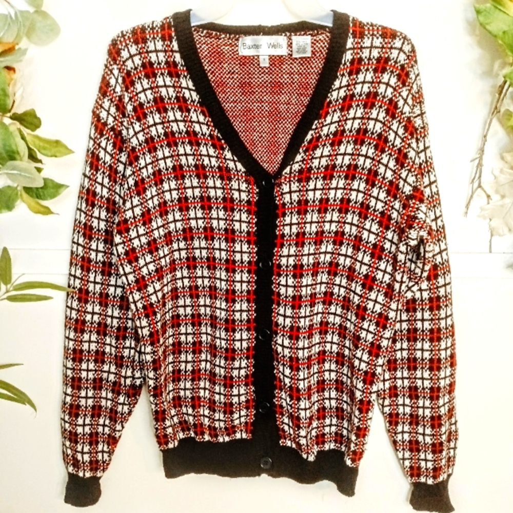 Vintage :: Preppy Plaid Oversized Womens Baxter Wells Sweater Cardigan Size S
